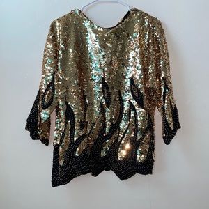 80s Black Gold Sequin Beaded Dolman Sleeve Blouse